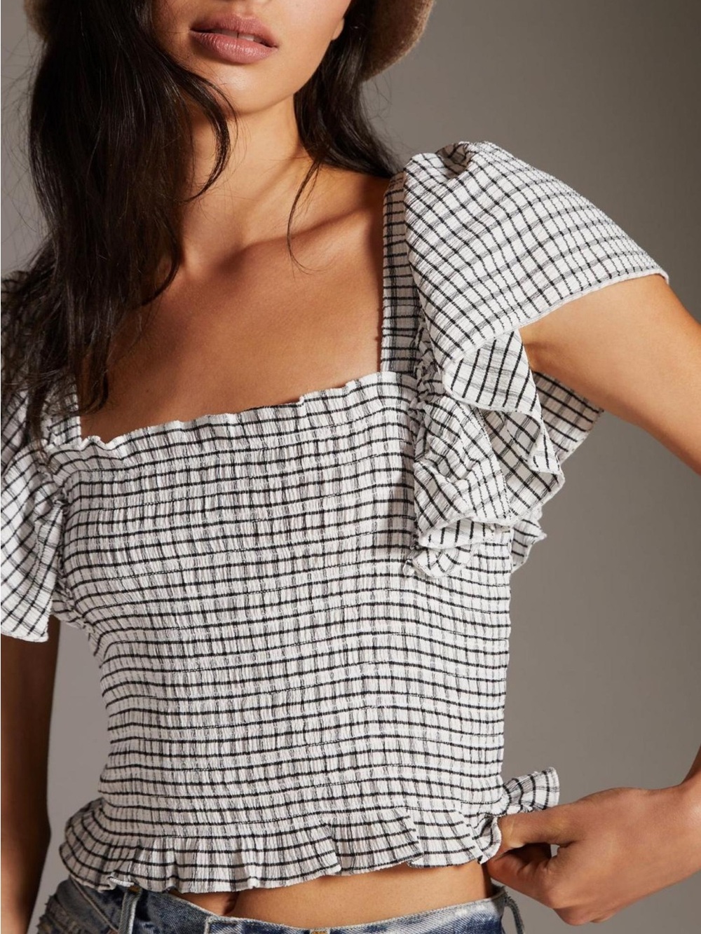 Maeve Black & White Crinkle Gingham Smocked Crop Top
